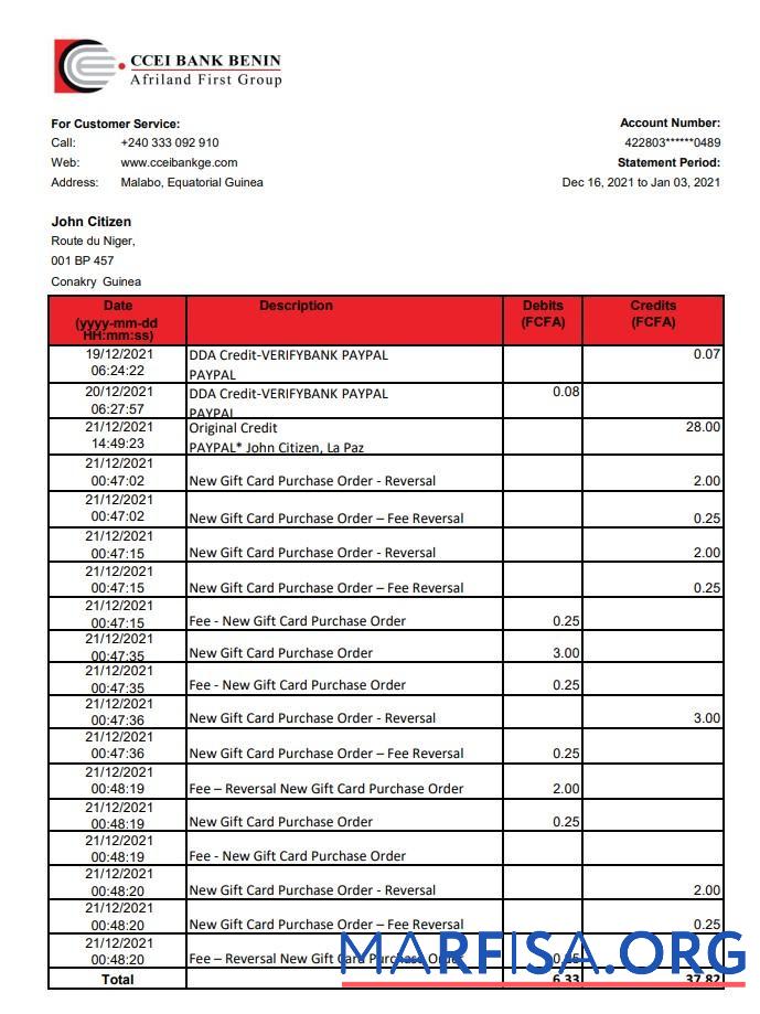 Downloadable Equatorial Guinea CCEI Bank Benin bank statement excel template